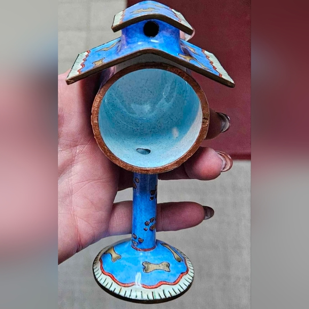 Empress Art Enamel Birdhouse Stamp Holder Dispenser Bone Footprints Figurine 5"